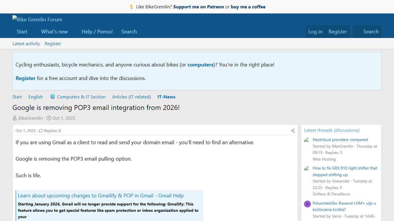 Google is removing POP3 email integration from 2026! Bike Gremlin Forum