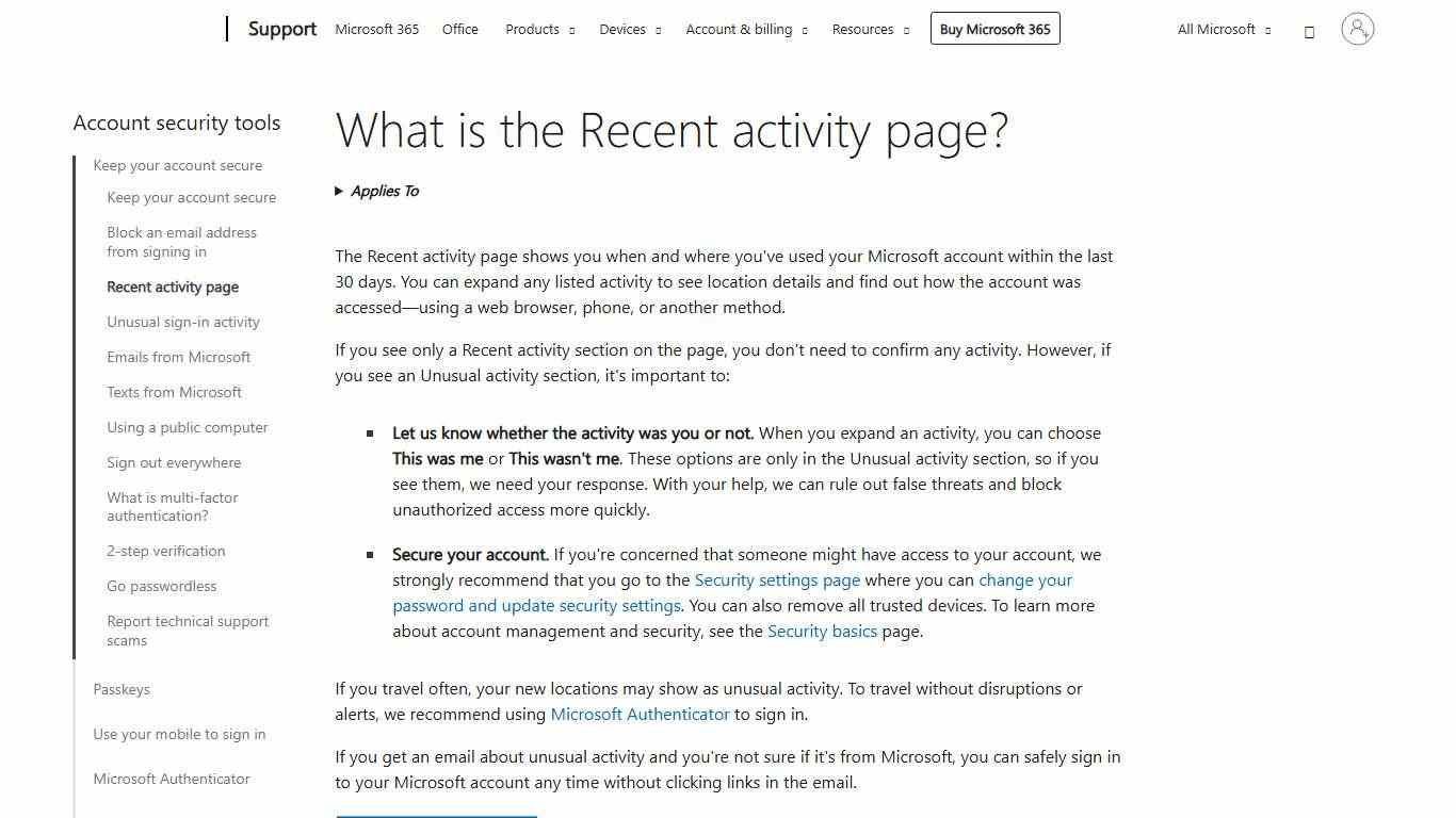 What is the Recent activity page? - Microsoft Support